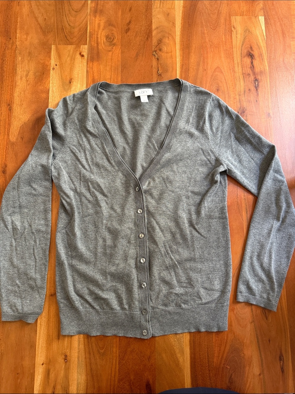 LOFT Gray V-Neck Button-Front Cardigan